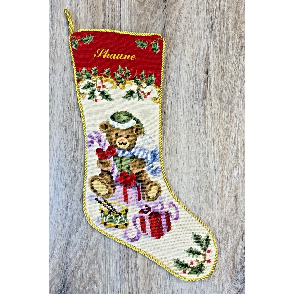 Lenox Christmas Stocking Velvet Wool Needlepoint Teddy Bear SHAUNE 18" Read